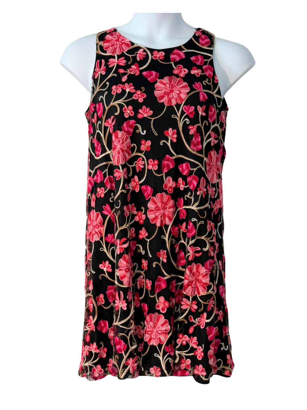 Ronni Nicole Sz 10 Shift Dress Keyhole Tie Neck Floral Embroidery Pink & Black
